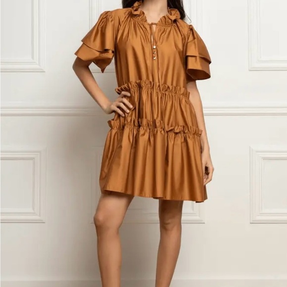 Kaisa Tiered Ruffle Trim Cotton Poplin Mini Dress - Picture 2 of 4